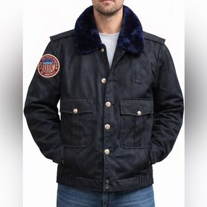 Vintage FD Fire Department Style Jacket Faux Fur Collar Quilted Lined USA Patch